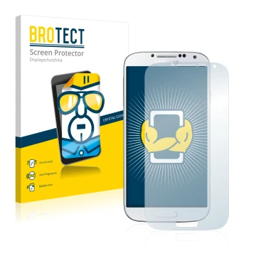 Front side of a product packaging with the brand logo BROTECT. Next to it is the device Samsung Galaxy S4 shown with the corre