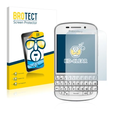 Front side of a product packaging with the brand logo BROTECT. Next to it is the device BlackBerry Q10 shown with the correspo