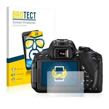 Front side of a product packaging with the brand logo BROTECT. Next to it is the device Canon EOS 700D shown with the correspo
