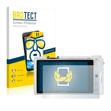 Front side of a product packaging with the brand logo BROTECT. Next to it is the device Samsung NX2000 shown with the correspo