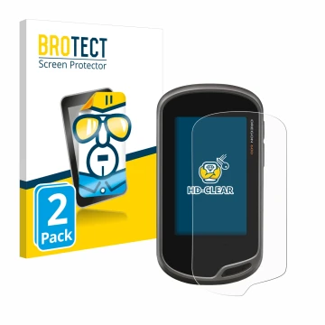 Front side of a product packaging with the brand logo BROTECT. Next to it is the device Garmin Oregon 600 shown with the corre