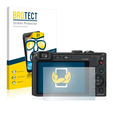Front side of a product packaging with the brand logo BROTECT. Next to it is the device Panasonic Lumix DMC-LF1 shown with the