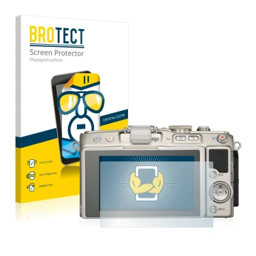 Front side of a product packaging with the brand logo BROTECT. Next to it is the device Olympus PEN E-PL6 shown with the corre