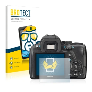 Front side of a product packaging with the brand logo BROTECT. Next to it is the device Pentax K-50 shown with the correspondi