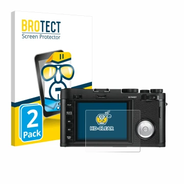 Front side of a product packaging with the brand logo BROTECT. Next to it is the device Leica X Vario shown with the correspon