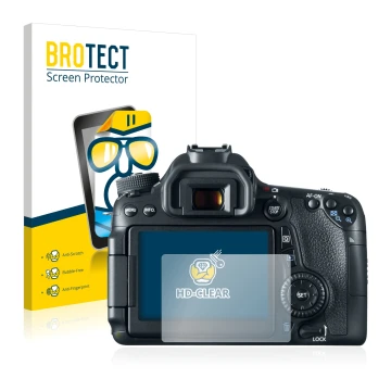 Front side of a product packaging with the brand logo BROTECT. Next to it is the device Canon EOS 70D shown with the correspon