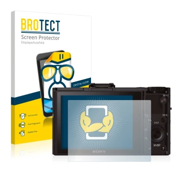 Front side of a product packaging with the brand logo BROTECT. Next to it is the device Sony Cyber-Shot DSC-RX100 II shown wit