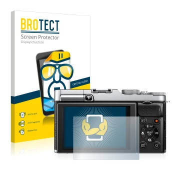 Front side of a product packaging with the brand logo BROTECT. Next to it is the device Fujifilm X-M1 shown with the correspon