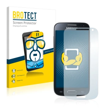 Front side of a product packaging with the brand logo BROTECT. Next to it is the device Samsung Galaxy S4 Mini LTE (4G) I9195 
