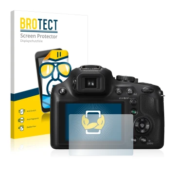 Front side of a product packaging with the brand logo BROTECT. Next to it is the device Panasonic Lumix DMC-FZ72 shown with th
