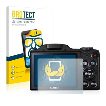 Front side of a product packaging with the brand logo BROTECT. Next to it is the device Canon PowerShot SX510 HS shown with th