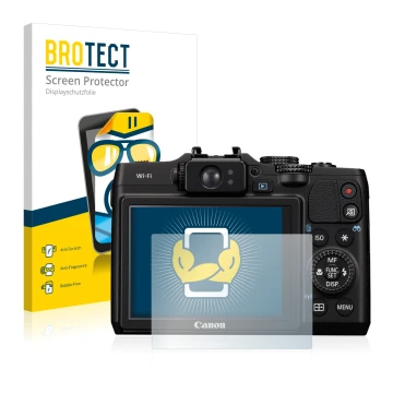 Front side of a product packaging with the brand logo BROTECT. Next to it is the device Canon PowerShot G16 shown with the cor