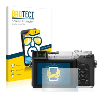 Front side of a product packaging with the brand logo BROTECT. Next to it is the device Panasonic Lumix DMC-GX7 shown with the