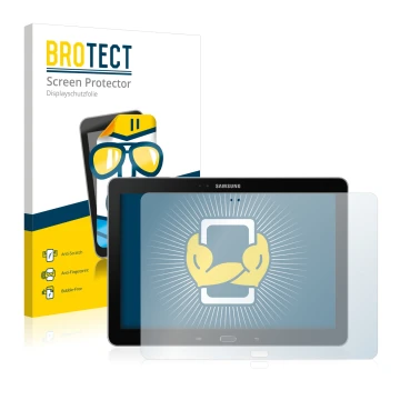 Front side of a product packaging with the brand logo BROTECT. Next to it is the device Samsung Galaxy Note 10.1 2014 Edition 