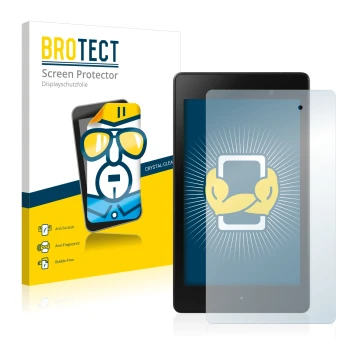 Front side of a product packaging with the brand logo BROTECT. Next to it is the device ASUS Nexus 7 Tablet 2 2013 shown with 