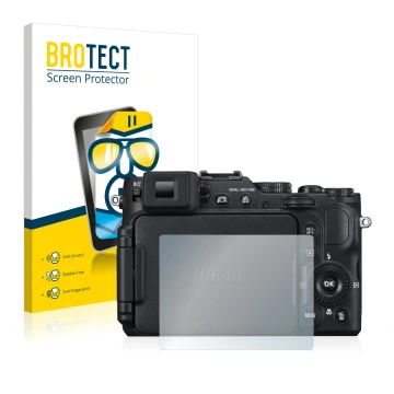 Front side of a product packaging with the brand logo BROTECT. Next to it is the device Nikon Coolpix P7800 shown with the cor
