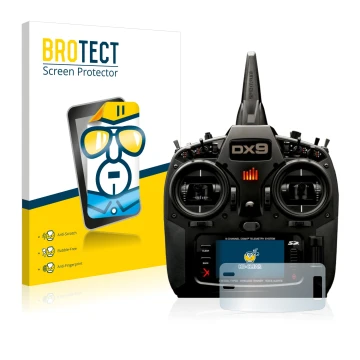 Front side of a product packaging with the brand logo BROTECT. Next to it is the device Spektrum DX9 shown with the correspond