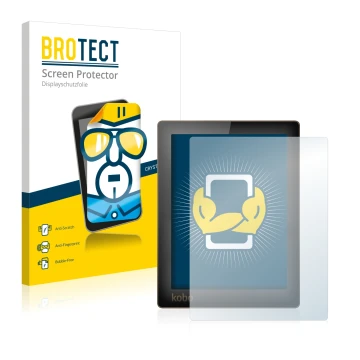 Front side of a product packaging with the brand logo BROTECT. Next to it is the device Kobo Aura shown with the corresponding