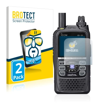 Front side of a product packaging with the brand logo BROTECT. Next to it is the device Icom ID-51 shown with the correspondin