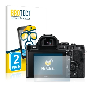 Front side of a product packaging with the brand logo BROTECT. Next to it is the device Sony Alpha 7 (ILCE-7) shown with the c