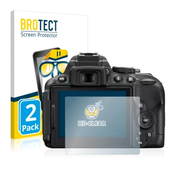 Front side of a product packaging with the brand logo BROTECT. Next to it is the device Nikon D5300 shown with the correspondi