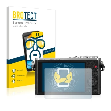 Front side of a product packaging with the brand logo BROTECT. Next to it is the device Panasonic Lumix DMC-GM1 shown with the