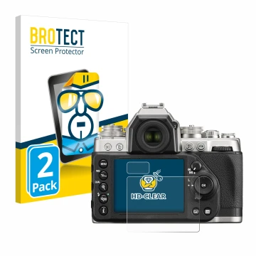 Front side of a product packaging with the brand logo BROTECT. Next to it is the device Nikon Df shown with the corresponding 