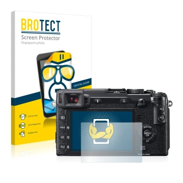 Front side of a product packaging with the brand logo BROTECT. Next to it is the device Fujifilm X-E2 shown with the correspon