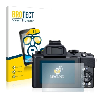 Front side of a product packaging with the brand logo BROTECT. Next to it is the device Olympus Stylus 1 shown with the corres