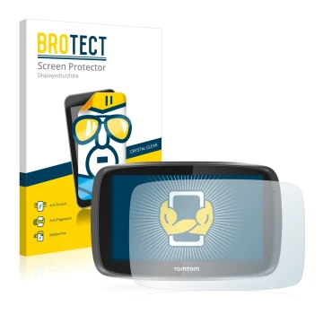 Front side of a product packaging with the brand logo BROTECT. Next to it is the device TomTom GO 5000 shown with the correspo