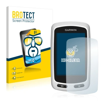 Front side of a product packaging with the brand logo BROTECT. Next to it is the device Garmin Edge Touring Plus shown with th