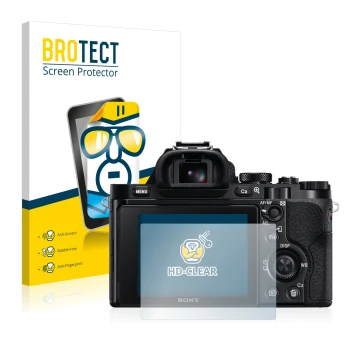 Front side of a product packaging with the brand logo BROTECT. Next to it is the device Sony Alpha 7R (ILCE-7R) shown with the