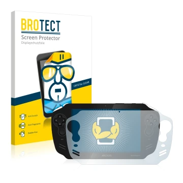 Front side of a product packaging with the brand logo BROTECT. Next to it is the device Archos GamePad 2 shown with the corres