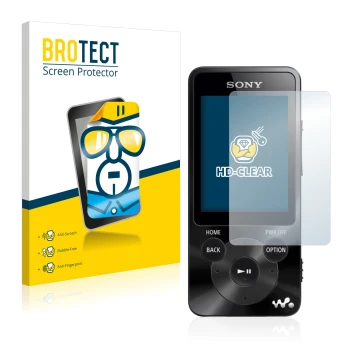 Front side of a product packaging with the brand logo BROTECT. Next to it is the device Sony Walkman NWZ-E585 shown with the c