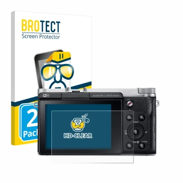 Front side of a product packaging with the brand logo BROTECT. Next to it is the device Samsung NX300M shown with the correspo