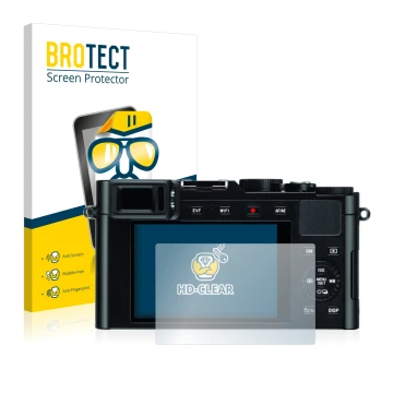 Front side of a product packaging with the brand logo BROTECT. Next to it is the device Leica D-Lux (Typ 109) shown with the c