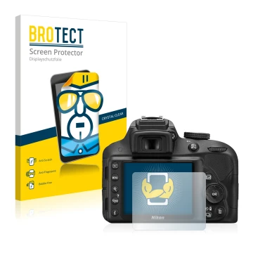 Front side of a product packaging with the brand logo BROTECT. Next to it is the device Nikon D3300 shown with the correspondi