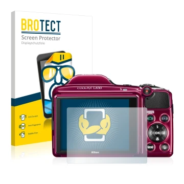 Front side of a product packaging with the brand logo BROTECT. Next to it is the device Nikon Coolpix L830 shown with the corr