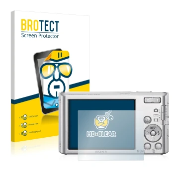 Front side of a product packaging with the brand logo BROTECT. Next to it is the device Sony Cyber-Shot DSC-W830 shown with th