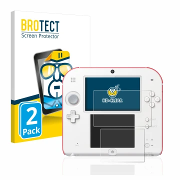 Front side of a product packaging with the brand logo BROTECT. Next to it is the device Nintendo 2DS shown with the correspond