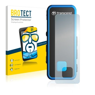 Front side of a product packaging with the brand logo BROTECT. Next to it is the device Transcend MP350 shown with the corresp
