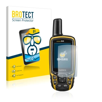 Front side of a product packaging with the brand logo BROTECT. Next to it is the device Garmin GPSMAP 64 shown with the corres