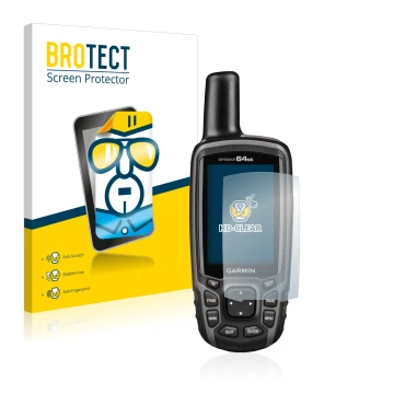 Front side of a product packaging with the brand logo BROTECT. Next to it is the device Garmin GPSMAP 64st shown with the corr