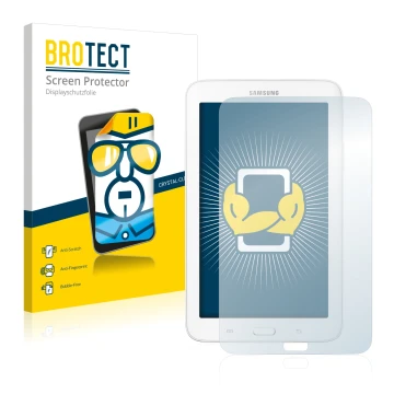 Front side of a product packaging with the brand logo BROTECT. Next to it is the device Samsung Galaxy Tab 3 7.0 Lite shown wi