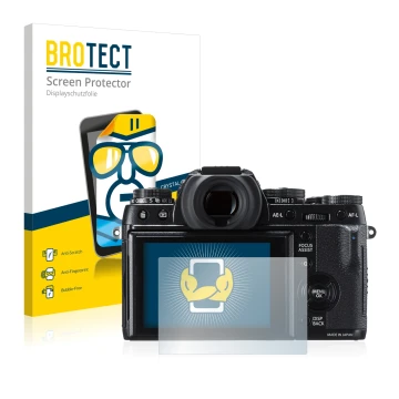 Front side of a product packaging with the brand logo BROTECT. Next to it is the device Fujifilm X-T1 shown with the correspon