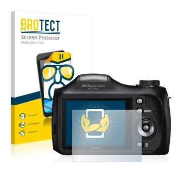 Front side of a product packaging with the brand logo BROTECT. Next to it is the device Sony Cyber-Shot DSC-H300 shown with th