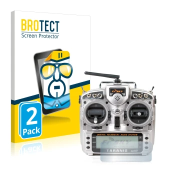 Front side of a product packaging with the brand logo BROTECT. Next to it is the device FrSky Taranis X9D shown with the corre