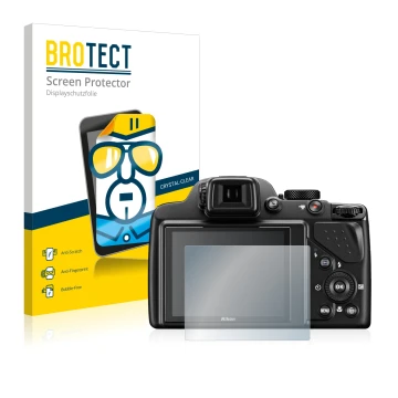 Front side of a product packaging with the brand logo BROTECT. Next to it is the device Nikon Coolpix P530 shown with the corr