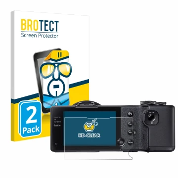 Front side of a product packaging with the brand logo BROTECT. Next to it is the device Sigma dp2 Quattro shown with the corre