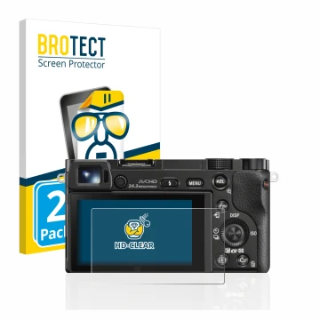 Front side of a product packaging with the brand logo BROTECT. Next to it is the device Sony Alpha 6000 shown with the corresp